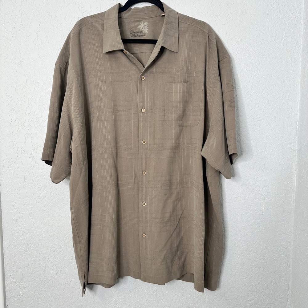 Tommy Bahama Mens Silk‎ button down Shirt XXL Tan Plaid Short Sleeve